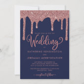 Navy Blue Roos Gold Glam Glitter Wedding Kaart (Voorkant)