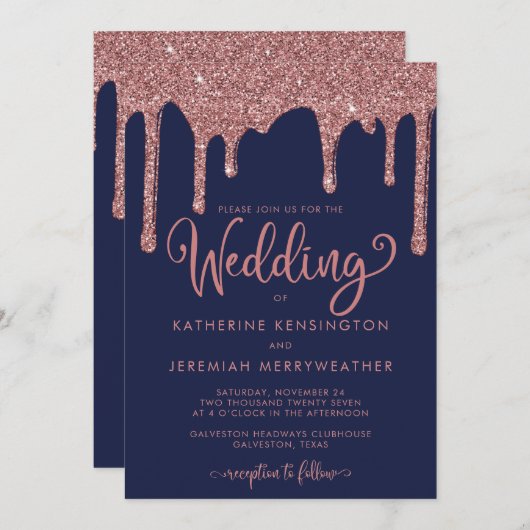Navy Blue Roos Gold Glam Glitter Wedding Kaart (Voorkant / Achterkant)