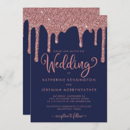 Navy Blue Roos Gold Glam Glitter Wedding Kaart