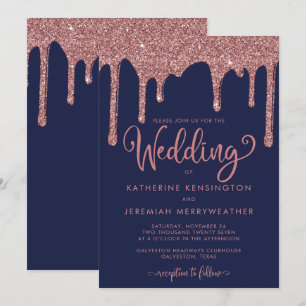 Navy Blue Roos Gold Glam Glitter Wedding Kaart