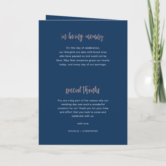 Navy Blue & Roos Gold Glam Wedding Program Booklet Programma (Achterkant)