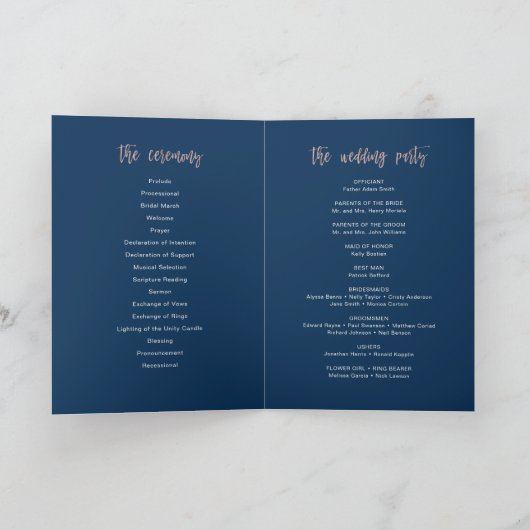 Navy Blue & Roos Gold Glam Wedding Program Booklet Programma (Binnen)