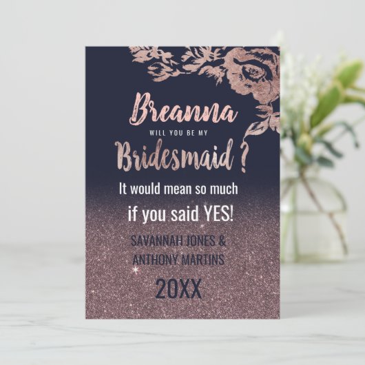 Navy Blue Roos Gold Glitter Bloemen Bruidsmeisjes Kaart (Staand voorkant)