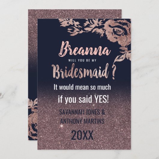 Navy Blue Roos Gold Glitter Bloemen Bruidsmeisjes Kaart (Voorkant / Achterkant)