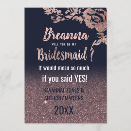 Navy Blue Roos Gold Glitter Bloemen Bruidsmeisjes Kaart
