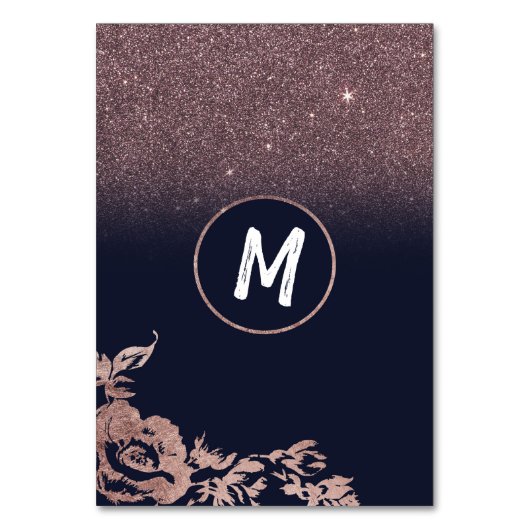 Navy Blue Roos Gold Glitter Bloemen Tafelnummers (Achterkant)