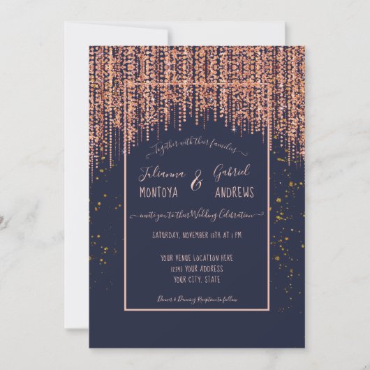 Navy Blue Roos Gold Glitter Blush Confetti Weddens Kaart (Voorkant)