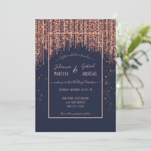 Navy Blue Roos Gold Glitter Blush Confetti Weddens Kaart (Staand voorkant)