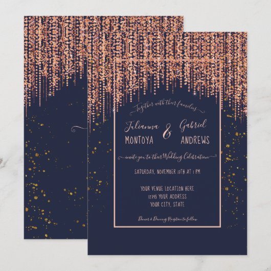 Navy Blue Roos Gold Glitter Blush Confetti Weddens Kaart (Voorkant / Achterkant)