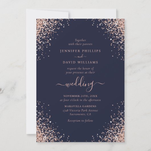Navy Blue Roos Gold Glitter Confetti Wedding Kaart (Voorkant)