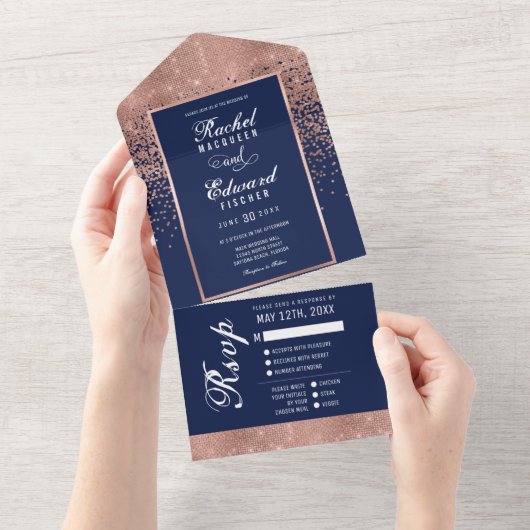 Navy Blue Roos Gold Glitter Confetti Wedding RSVP All In One Uitnodiging (Afscheurbaar)