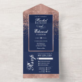 Navy Blue Roos Gold Glitter Confetti Wedding RSVP All In One Uitnodiging (Binnen)