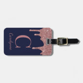 Navy Blue Roos Gold Glitter Driemonogram Bagagelabel (Voorkant horizontaal)