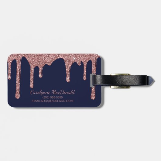 Navy Blue Roos Gold Glitter Driemonogram Bagagelabel (Achterkant horizontaal)