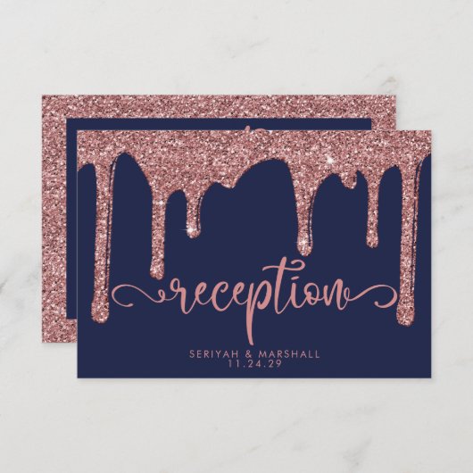 Navy Blue Roos Gold Glitter Drip Weddenschappen Informatiekaartje (Voorkant / Achterkant)