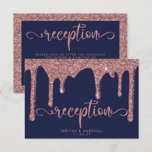 Navy Blue Roos Gold Glitter Drip Weddenschappen Informatiekaartje