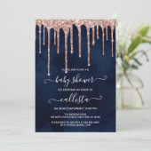 Navy Blue Roos Gold Glitter Drips Baby shower Kaart (Staand voorkant)