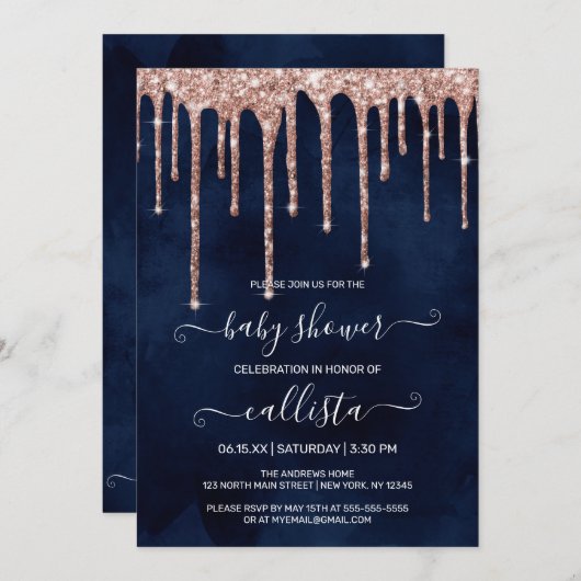 Navy Blue Roos Gold Glitter Drips Baby shower Kaart (Voorkant / Achterkant)