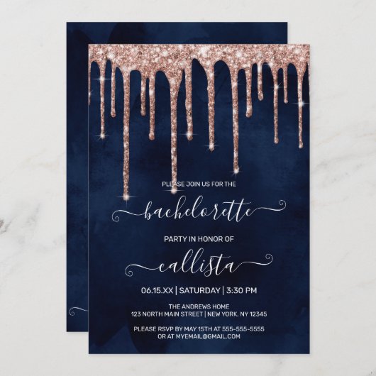 Navy Blue Roos Gold Glitter Drips Bachelorette Kaart (Voorkant / Achterkant)