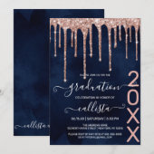 Navy Blue Roos Gold Glitter Drips Graduparty Kaart (Voorkant / Achterkant)