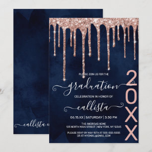 Navy Blue Roos Gold Glitter Drips Graduparty Kaart
