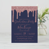 Navy Blue Roos Gold Glitter Drips Graduparty Kaart (Staand voorkant)