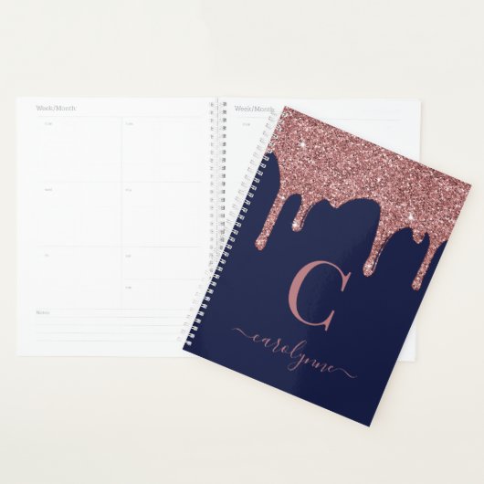 Navy Blue Roos Gold Glitter Drips Luxe Monogram Planner (Display)