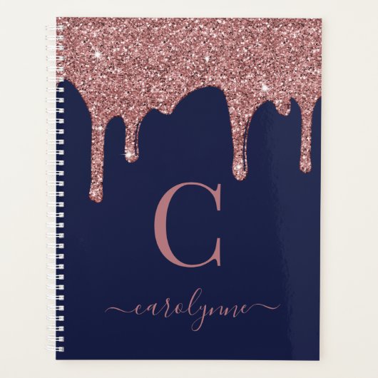 Navy Blue Roos Gold Glitter Drips Luxe Monogram Planner (Voorkant)