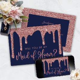 Navy Blue Roos Gold Glitter Drips Maid of Honor Kaart