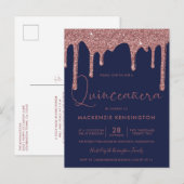 Navy Blue Roos Gold Glitter Drips Quinceañera Briefkaart (Voorkant / Achterkant)