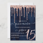 Navy Blue Roos Gold Glitter Drips Quinceañera Kaart (Voorkant)