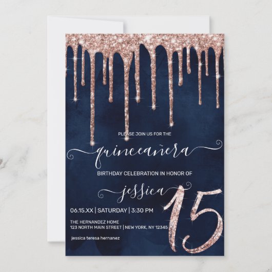 Navy Blue Roos Gold Glitter Drips Quinceañera Kaart (Voorkant)