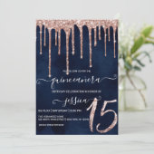 Navy Blue Roos Gold Glitter Drips Quinceañera Kaart (Staand voorkant)