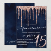Navy Blue Roos Gold Glitter Drips Quinceañera Kaart (Voorkant / Achterkant)