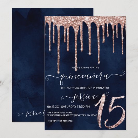 Navy Blue Roos Gold Glitter Drips Quinceañera Kaart (Voorkant / Achterkant)