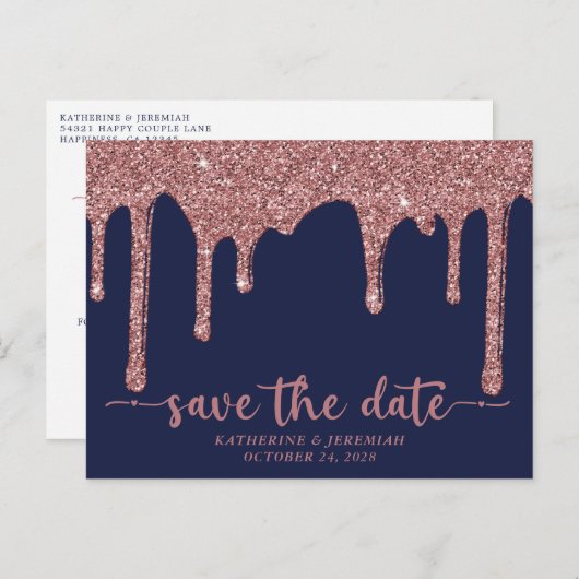 Navy Blue Roos Gold Glitter Drips Save The Date Aankondigingskaart (Voorkant / Achterkant)