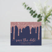 Navy Blue Roos Gold Glitter Drips Save The Date Aankondigingskaart (Staand voorkant)