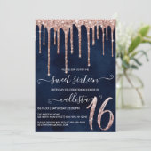 Navy Blue Roos Gold Glitter Drips Sweet 16 Kaart (Staand voorkant)