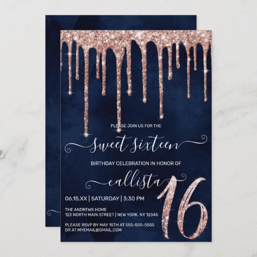 Navy Blue Roos Gold Glitter Drips Sweet 16 Kaart (Voorkant / Achterkant)