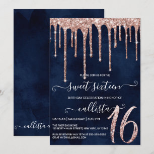 Navy Blue Roos Gold Glitter Drips Sweet 16 Kaart
