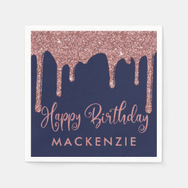 Navy Blue Roos Gold Glitter Drips Verjaardag Servet