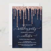 Navy Blue Roos Gold Glitter Drips Verjaardagsfeest Kaart (Voorkant)