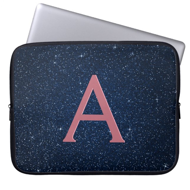 Navy Blue & Roos Gold Glitter en Sparkle Monogram Laptop Sleeve (Voorkant)
