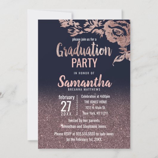 Navy Blue Roos Gold Glitter Floral Afstuderen Kaart (Voorkant)