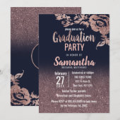 Navy Blue Roos Gold Glitter Floral Afstuderen Kaart (Voorkant / Achterkant)