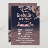 Navy Blue Roos Gold Glitter Floral Afstuderen Kaart (Voorkant / Achterkant)