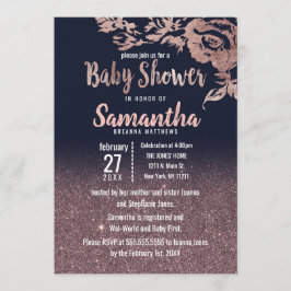 Navy Blue Roos Gold Glitter Floral Baby shower Kaart
