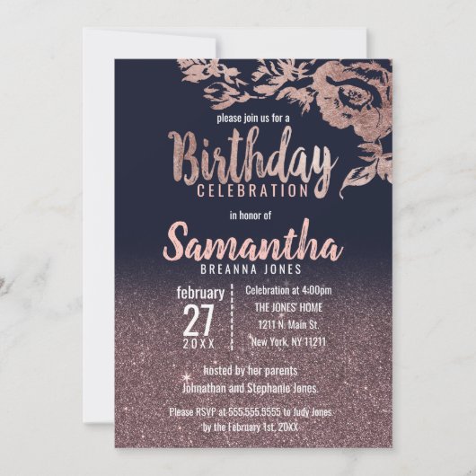 Navy Blue Roos Gold Glitter Floral Birthday Party Kaart (Voorkant)