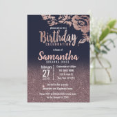 Navy Blue Roos Gold Glitter Floral Birthday Party Kaart (Staand voorkant)