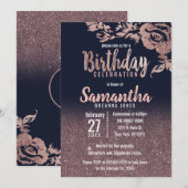 Navy Blue Roos Gold Glitter Floral Birthday Party Kaart (Voorkant / Achterkant)